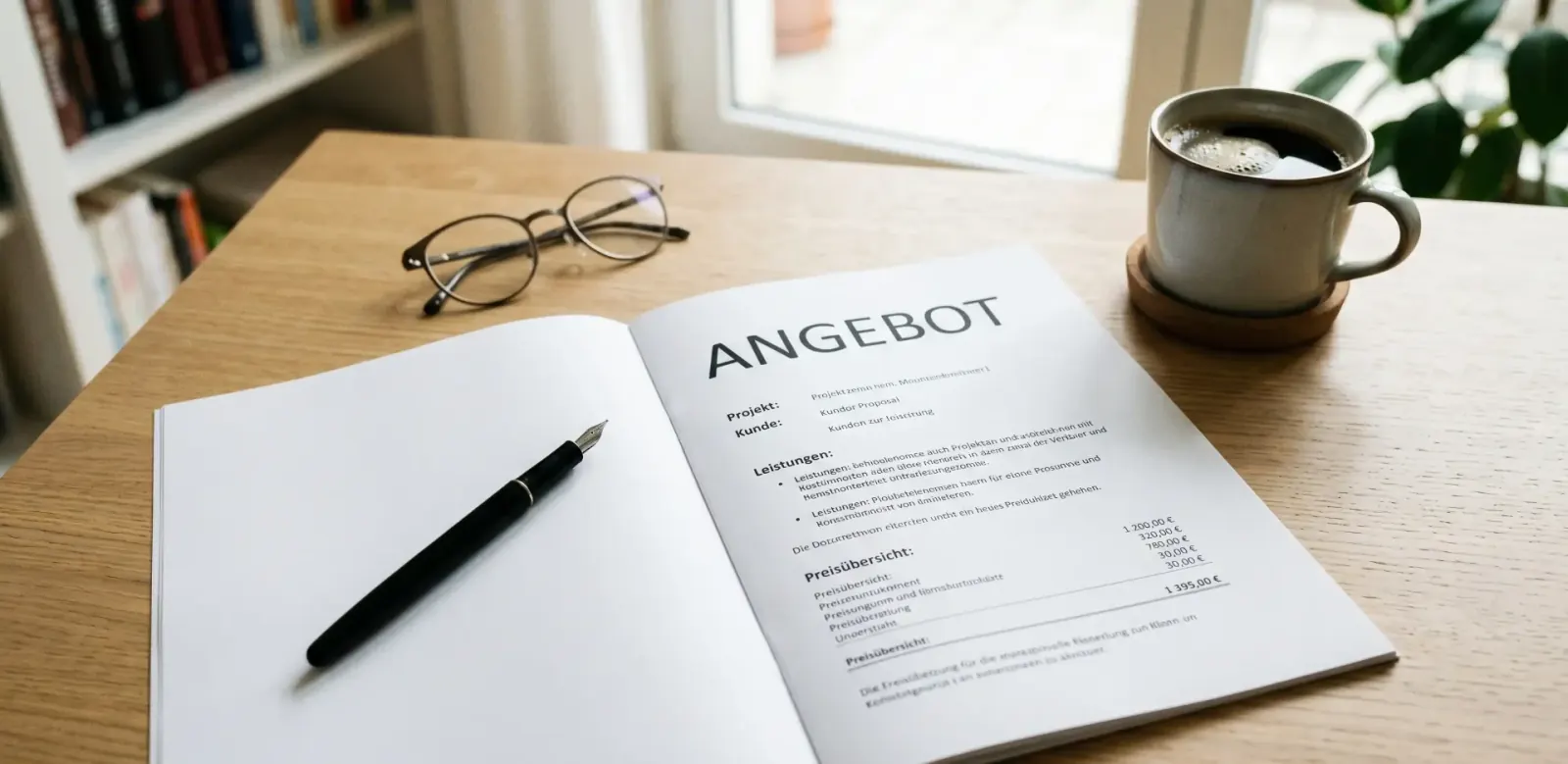Aufgeschlagenes Festpreisangebot mit Überschrift „Angebot“ auf hellem Holz-Schreibtisch.