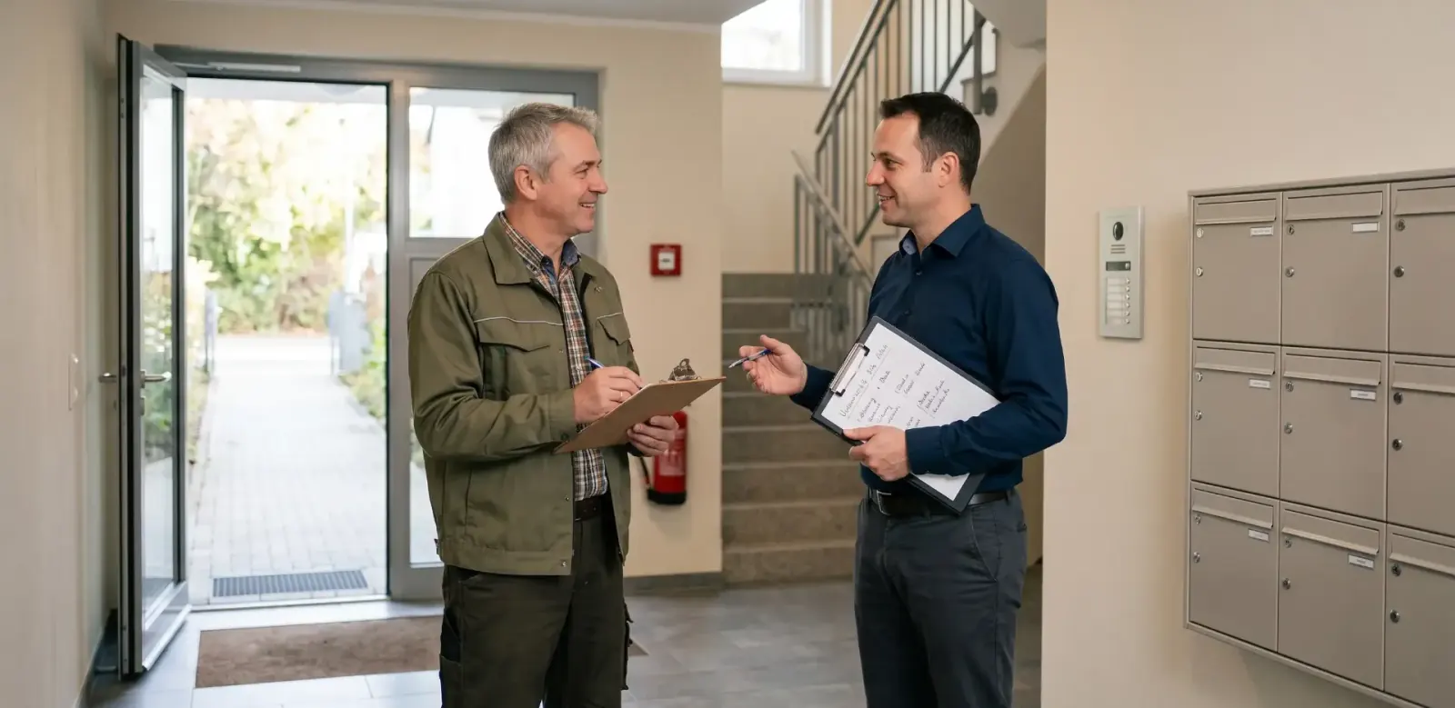 Hausverwalter und Reinigungsleiter im Eingangsbereich eines Mehrfamilienhauses.