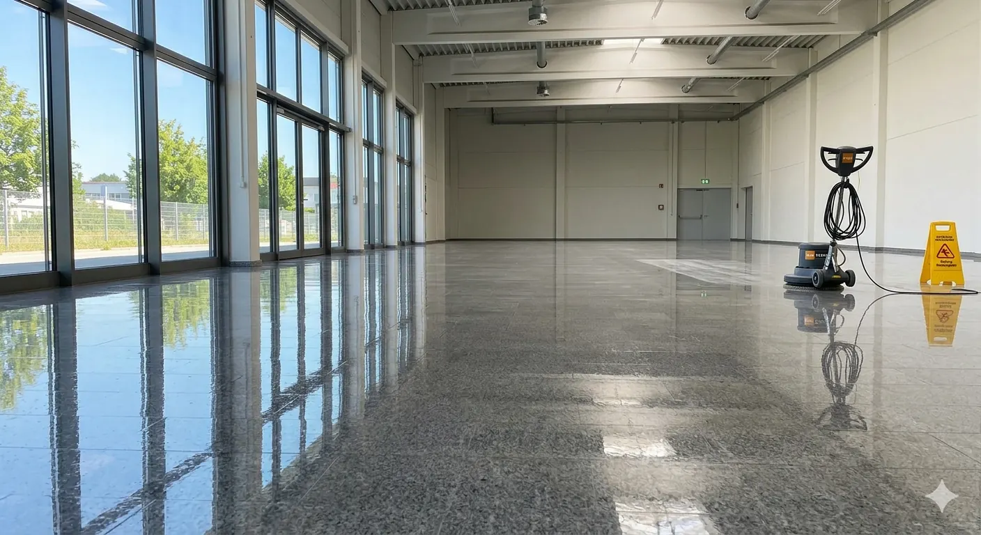 Großer leerer Raum mit frisch maschinell gereinigtem Steinboden, Spiegelung der Fensterfront im glänzenden Belag, Einscheibenmaschine im Hintergrund.