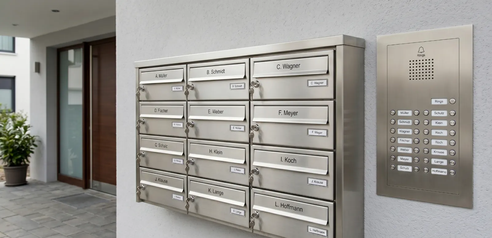 Polierte Edelstahl-Briefkastenanlage mit Namensschildern an einem gepflegten Hauseingang.