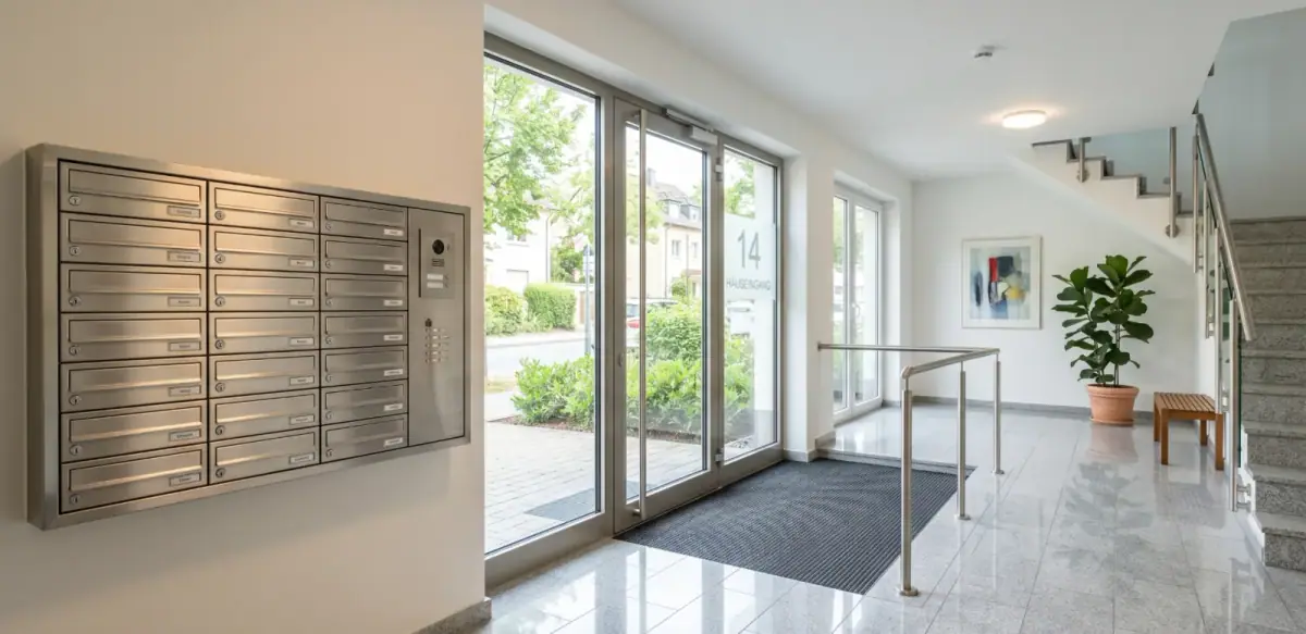 Heller Eingangsbereich eines Einfamilienhauses in Köln nach der Treppenhausreinigung: gewischter Fliesenboden mit Spiegelung, saubere Glas-Eingangstür mit Tageslicht und ordentlich abgelegte Willkommen-Matte.