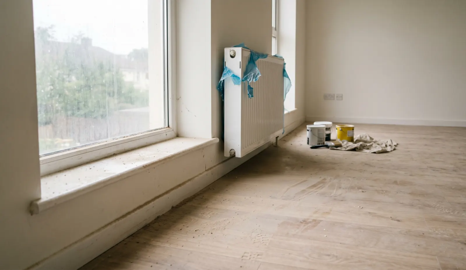 Frisch renovierter Raum mit feinem Bauschluss-Staub auf Fensterbänken und Boden, Folienreste an einer Heizung, Tageslicht durch noch leicht trübe Scheiben.