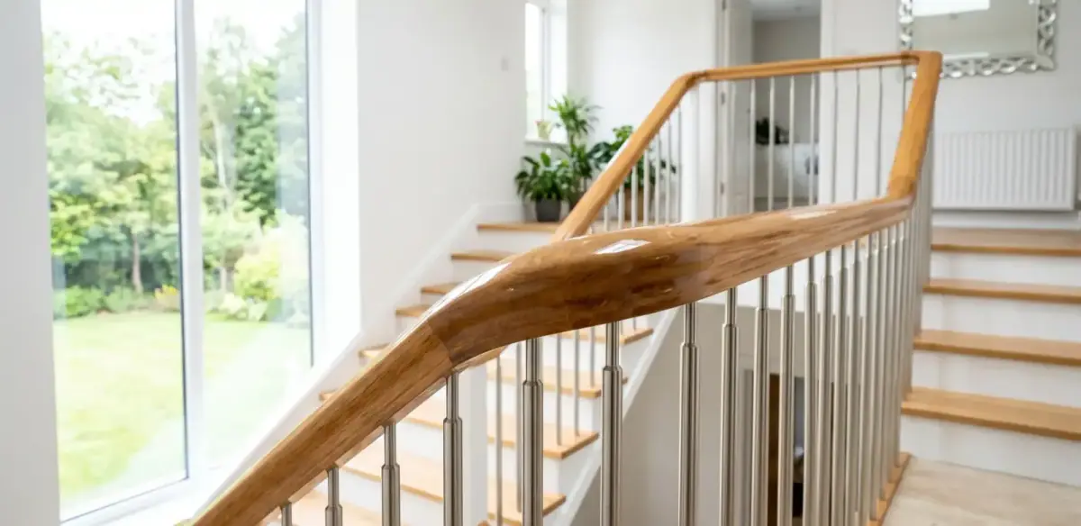 Treppenhaus in Bonn nach der Reinigung: glänzender Holz-Handlauf in Eichen-Optik, fingerabdruckfreie Edelstahl-Geländerstäbe und freier Blick in den begrünten Garten.