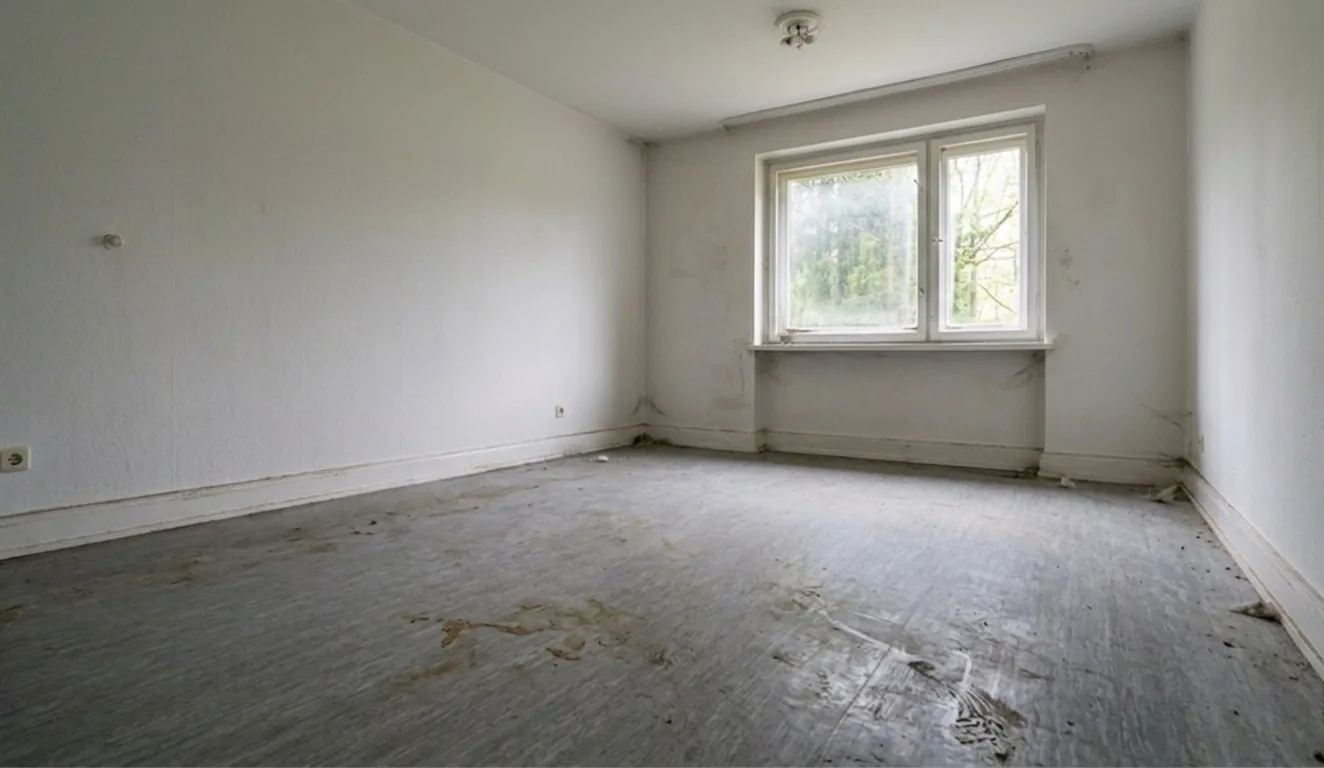 Leerer Raum vor der Grundreinigung: matter, fleckiger Boden, staubige Fensterbänke, sichtbare Spuren auf Sockelleisten, fahles Licht.