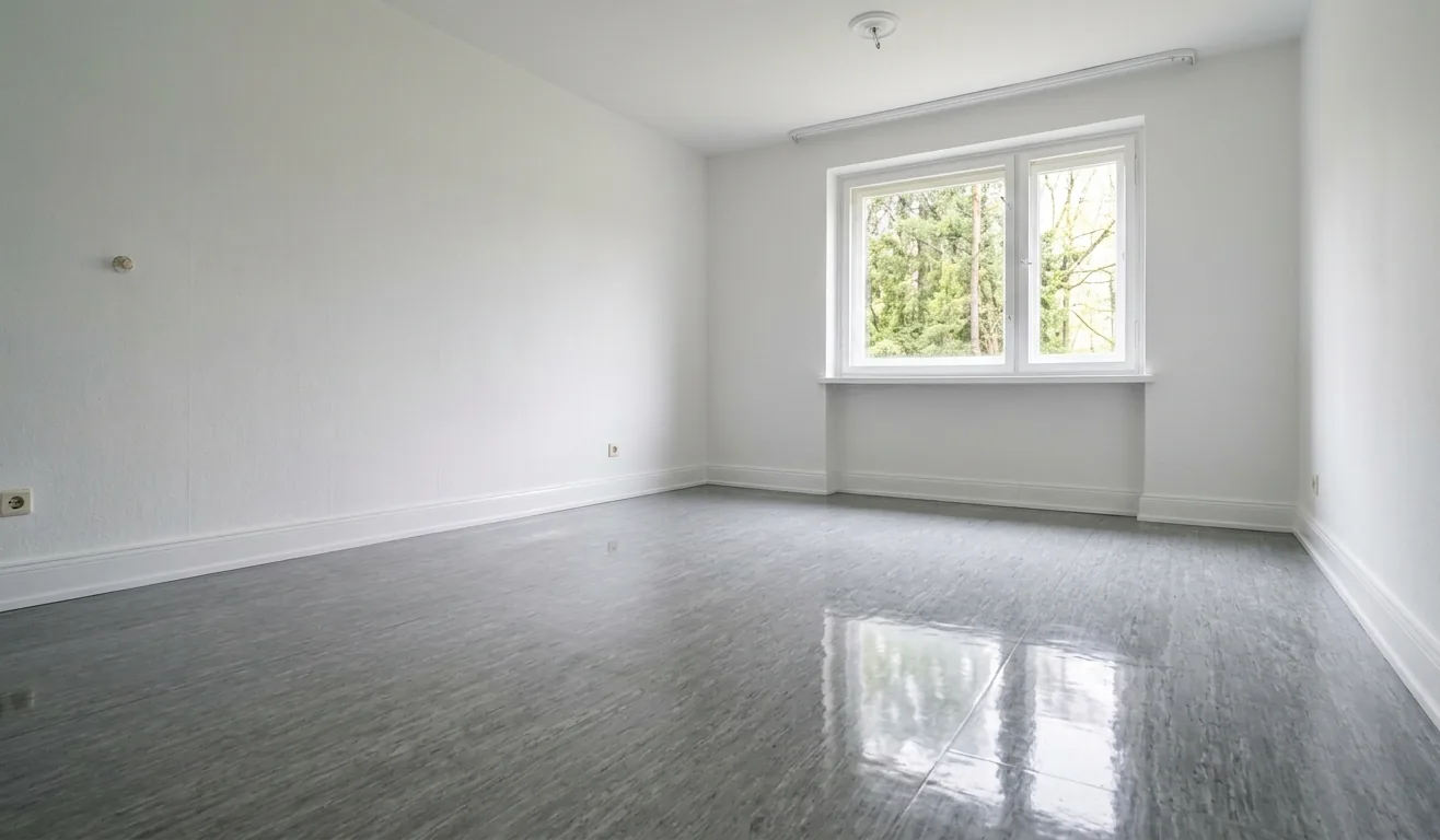 Derselbe Raum nach der Grundreinigung: glänzender Boden mit Lichtreflexion, kristallklare Fensterscheiben, frische saubere Sockelleisten, helles offenes Raumgefühl.