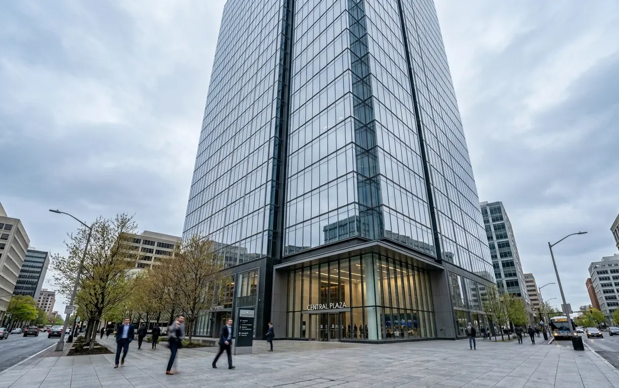 Hochhaus mit großer Glasfassade, Reinigung wetterabhängig geplant