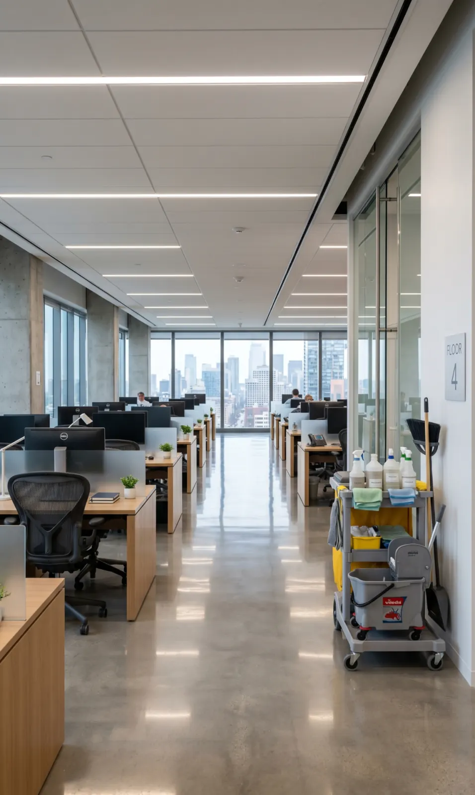 Saubere Büroetage nach der Reset-Grundreinigung in Köln: Reihen aus Schreibtischen, glänzender Boden mit Stadtblick durch gro ße Fensterfront, neutral abgestellter Reinigungswagen.
