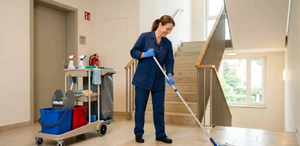 Reinigungsfachkraft mit Profi-Wischsystem und Reinigungswagen im hellen Treppenhaus auf Etage 1, Treppenhausreinigung Köln & Bonn