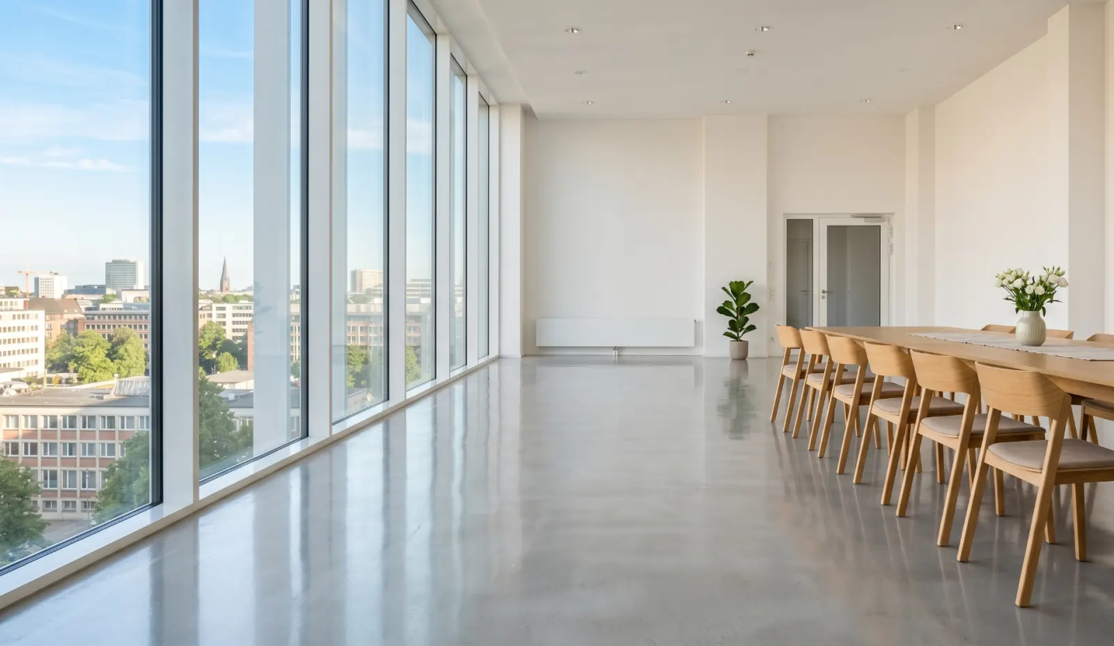 Heller Raum nach Grundreinigung in Köln: spiegelnder Boden, klare Glasfront mit Stadtblick, ruhige Morgenstimmung