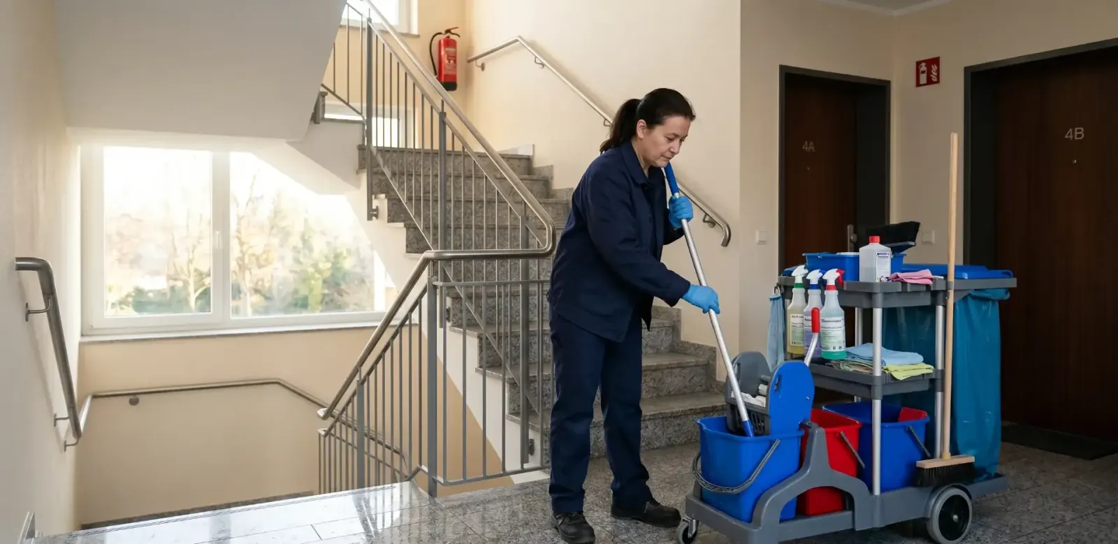 Reinigungskraft mit Wischmop und Profi-Reinigungswagen auf einer hellen Treppenhaus-Etage.