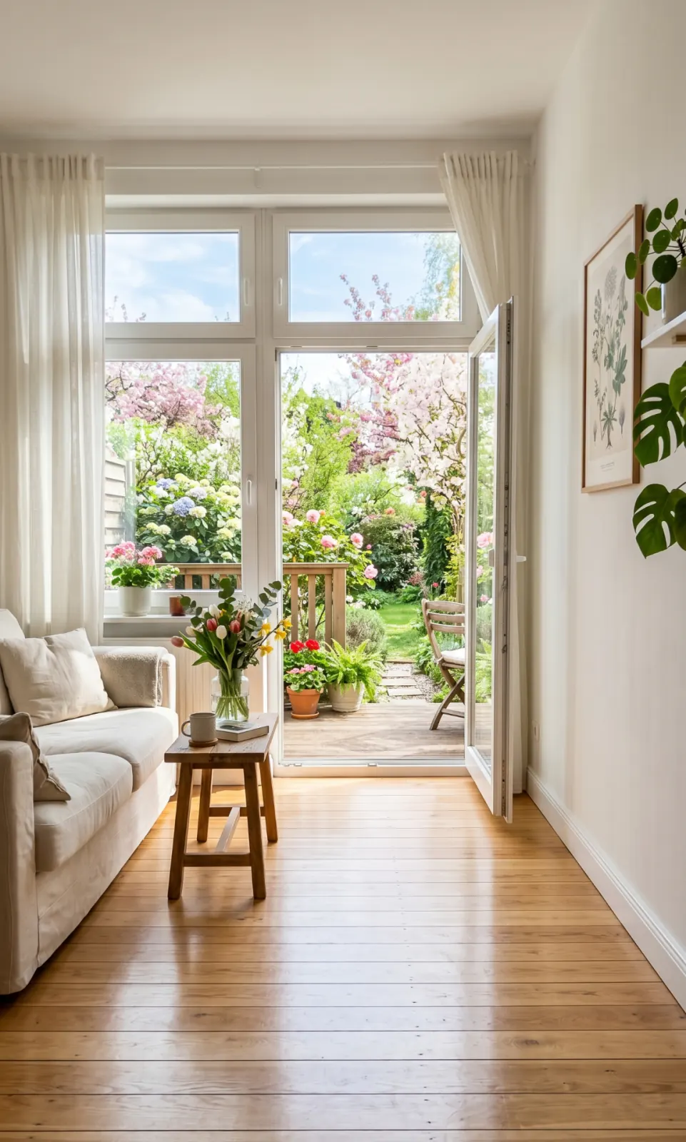 Heller Wohnraum nach der Frühjahrs-Grundreinigung in Bonn: weit geöffnete Fenster, durchscheinendes Frühlingslicht, polierter Holzboden mit Blick in den Garten.