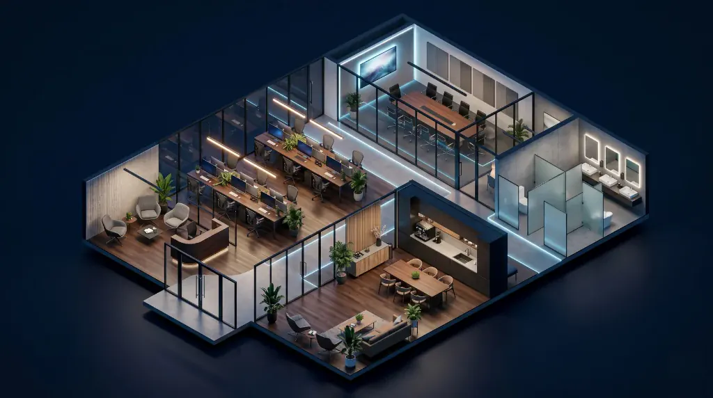 Isometrische Aufsicht eines modernen Büros in Bad Honnef, Empfang, Open-Space, Meetingraum, Küche und Sanitär im Überblick