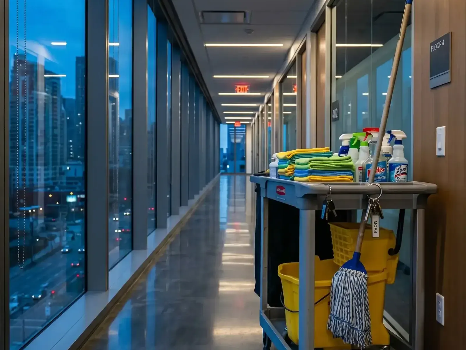 Professioneller Reinigungswagen im leeren Bürokorridor am frühen Morgen, diskrete Büroreinigung in Bad Honnef