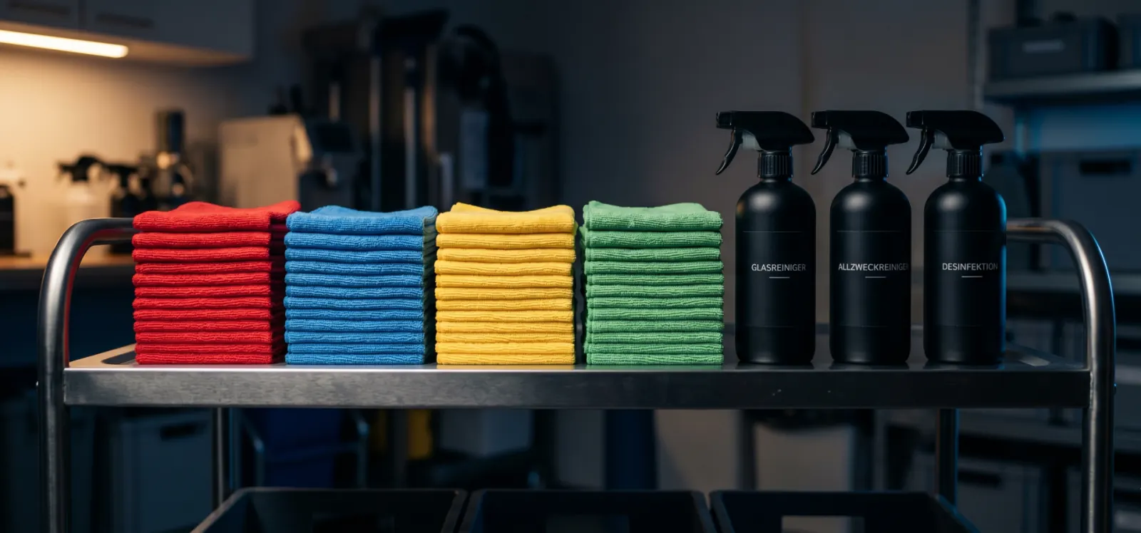 Profi-Equipment für Büroreinigung: farbcodierte Mikrofasertücher und beschriftete Sprühflaschen für hygienisch sauberes Arbeiten