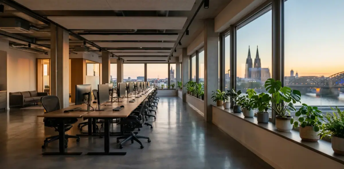 Modernes Open-Space Büro in Köln nach Feierabend mit Blick auf Kölner Dom und Hohenzollernbrücke - professionelle Büroreinigung
