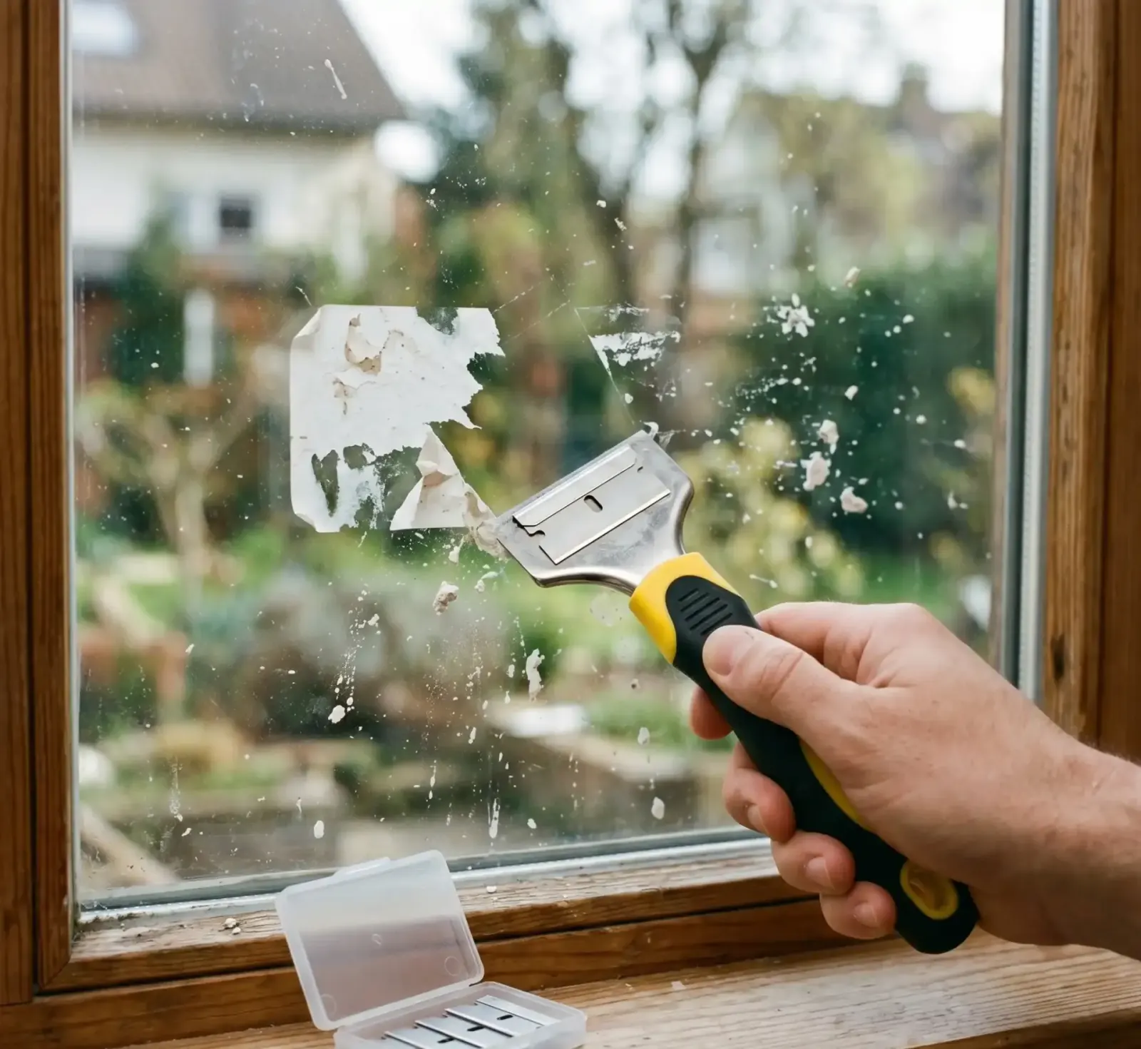 Spachtel und Klingen-Set zur sauberen Entfernung von Aufklebern und Putzspritzern auf einer Glasscheibe.