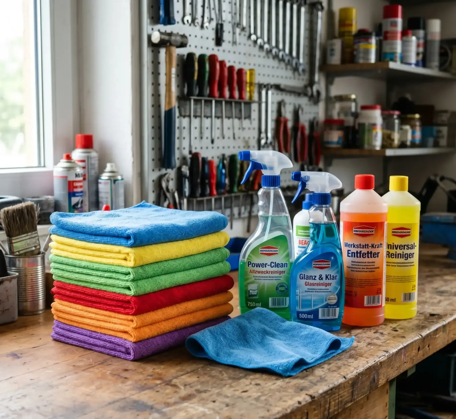Set Mikrofaser-Tücher in unterschiedlichen Farben, frisch gefaltet, neben Reinigungsmitteln auf Werkbank.