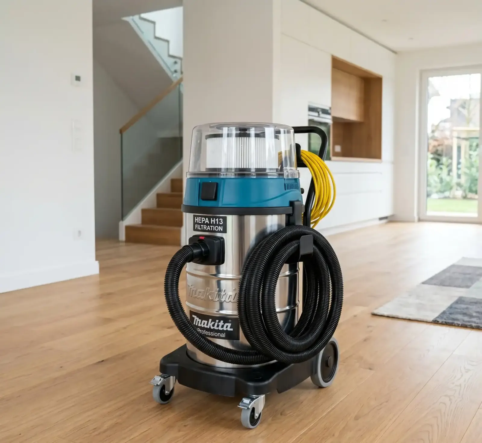 HEPA-Industriesauger im frisch sanierten Wohnraum, Filter sichtbar, Schlauch sauber aufgerollt.