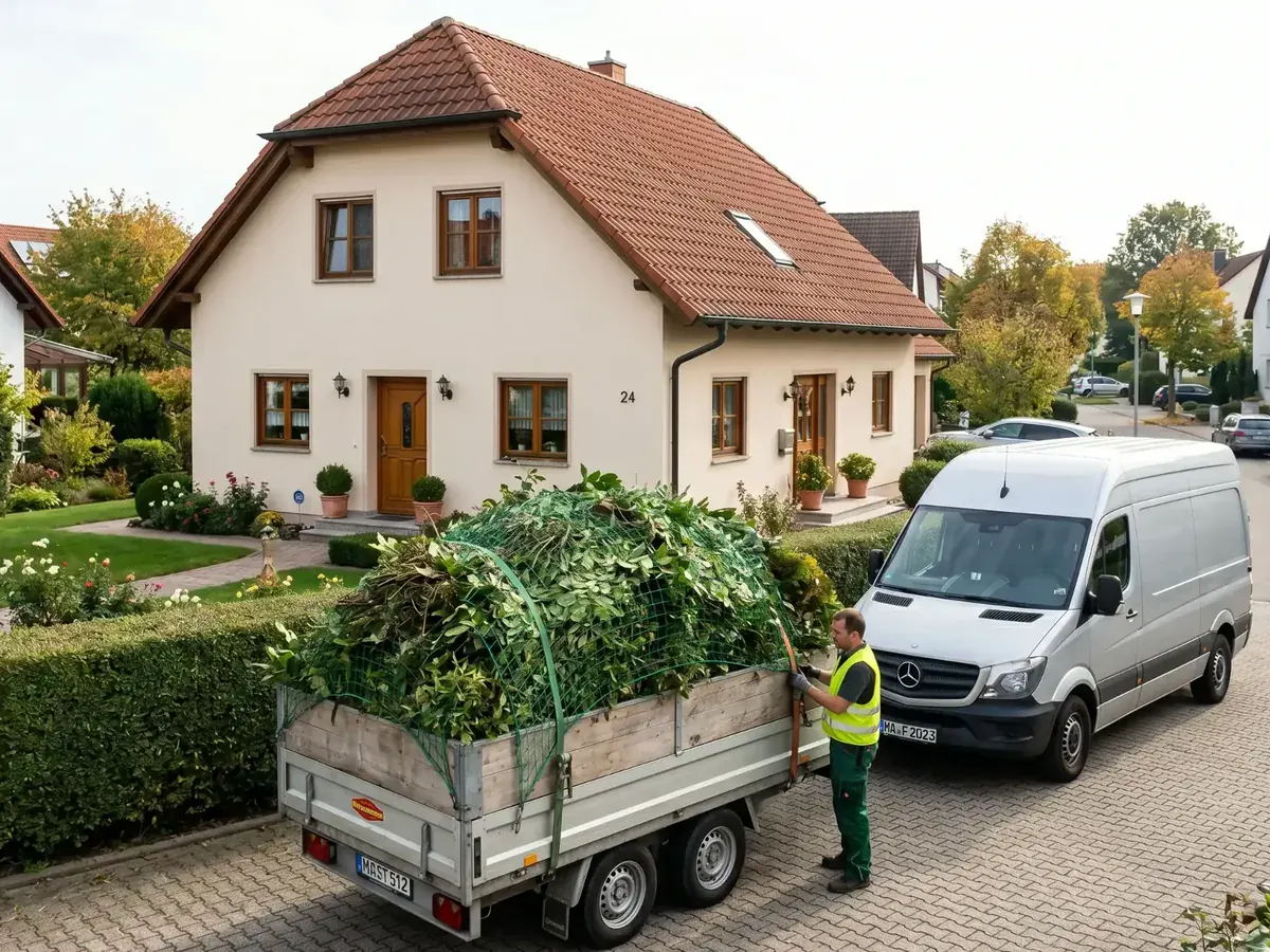 Großer Anhänger mit gestapeltem Grünschnitt vor einem Wohnhaus, sichtbarer Sprinter.