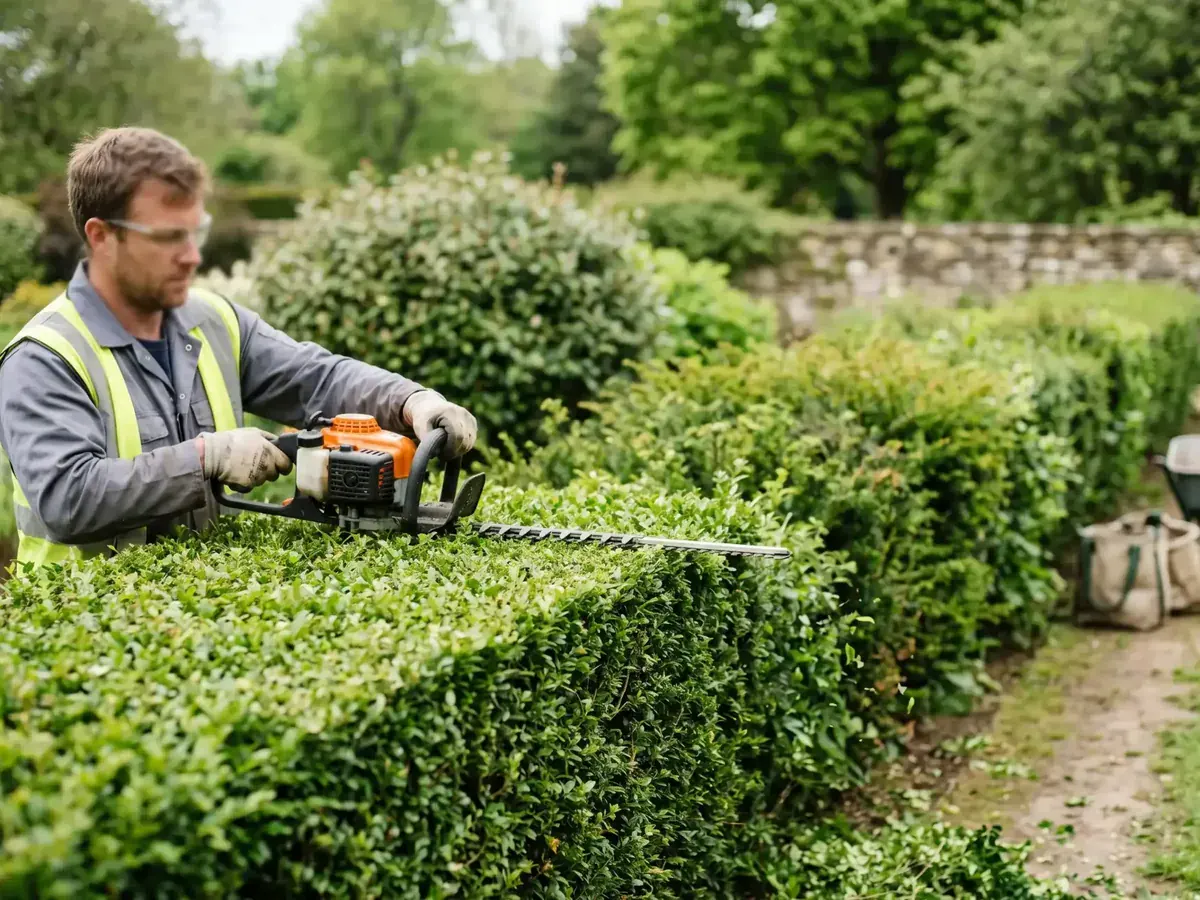 Profi-Heckenschere im Einsatz an einer dichten Hecke, gerade Schnittkante sichtbar.