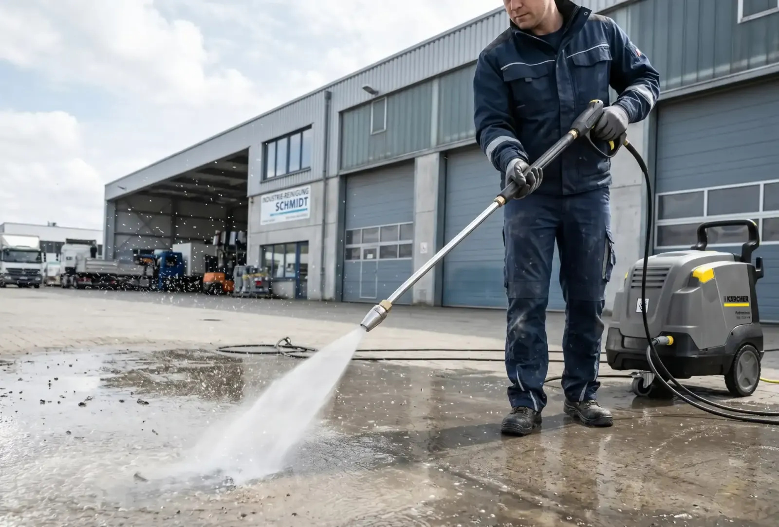 Profi-Hochdruckreiniger mit Edelstahllanze, Tropfen im Tageslicht, Halle im Hintergrund.