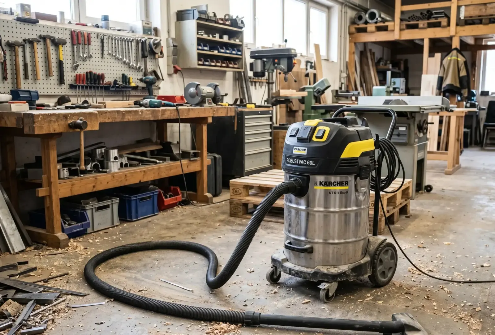 Robuster Industriesauger mit großem Schmutzbehälter, dicke Schläuche, Werkstatt-Setting.