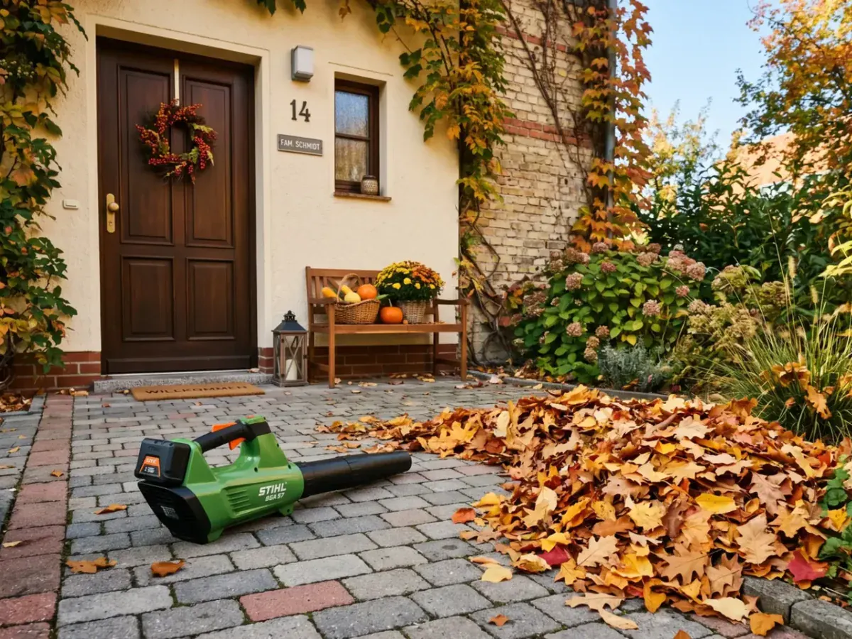 Akku-Laubbläser am gepflasterten Wohnungseingang im Herbstlicht, Laubhaufen am Rand.