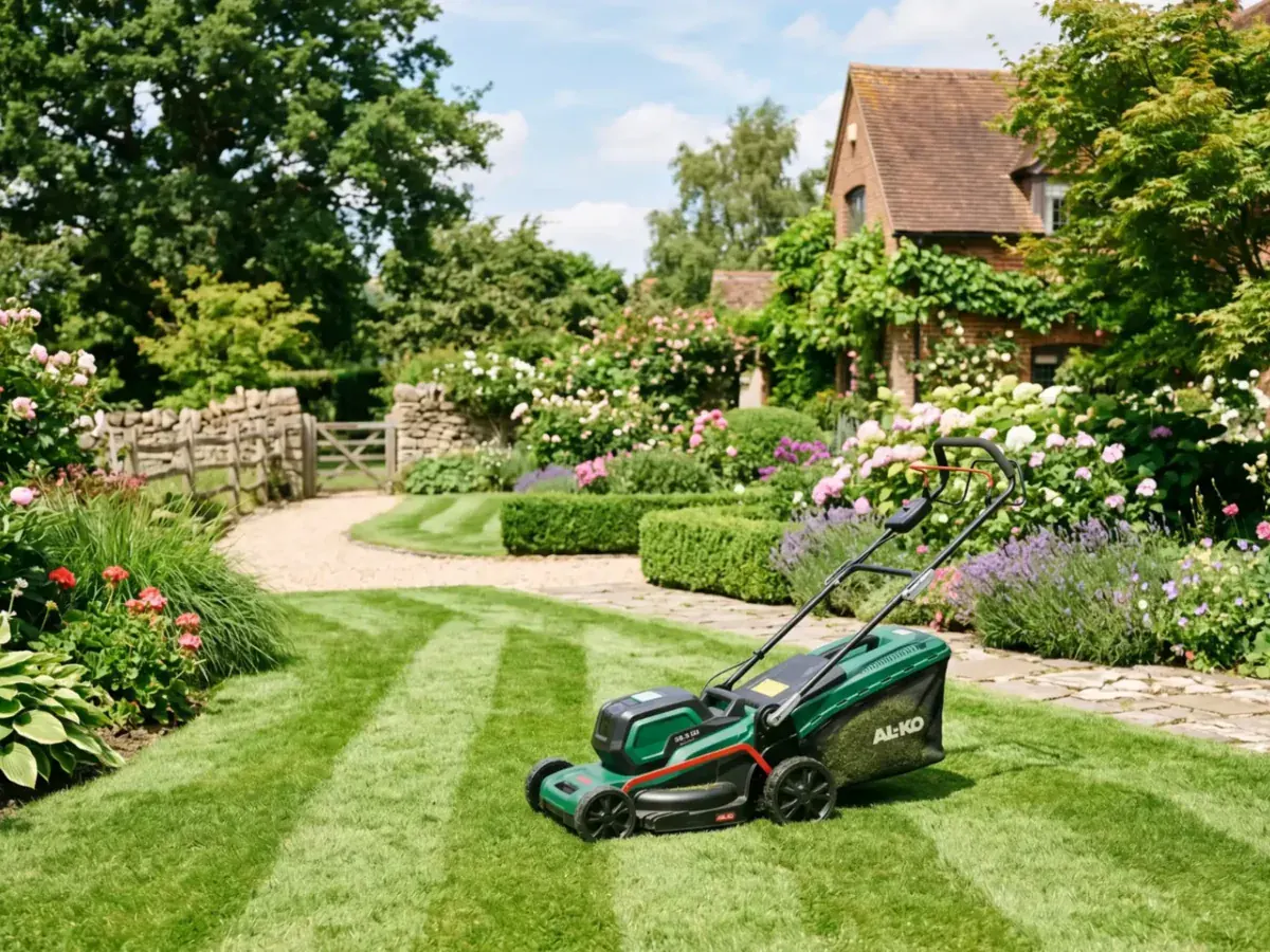 Akku-Rasenmäher in einer gepflegten Außenanlage, frisch geschnittener Rasen, Sommerlicht.