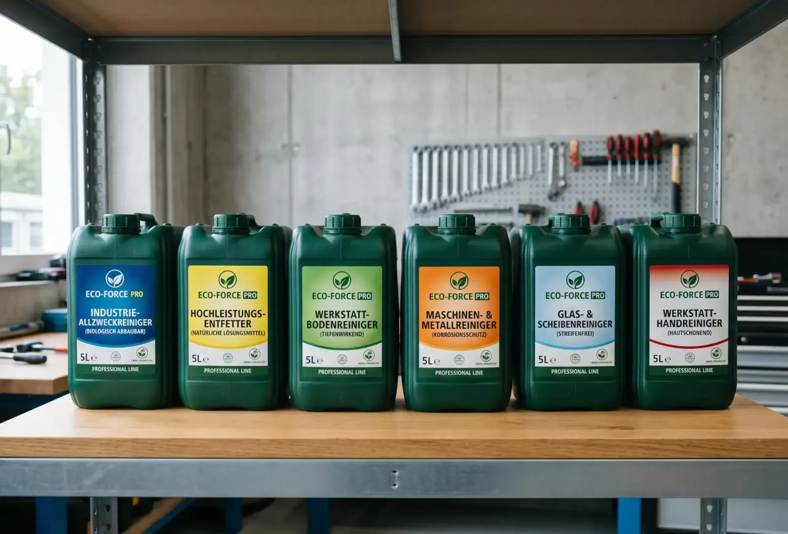Reihe von Kanistern mit ökologischen, industrietauglichen Reinigungsmitteln auf einem sauberen Werkstattregal.