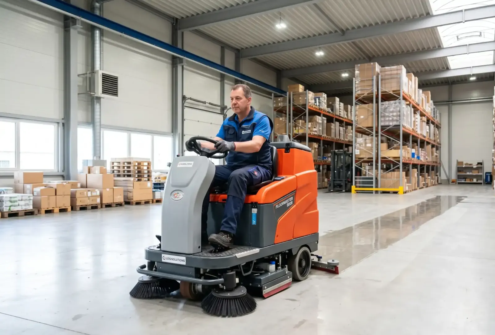 Aufsitz-Scheuersaugmaschine in einer hellen Industriehalle, Bediener sitzt am Steuer, frische Wasserspur sichtbar.