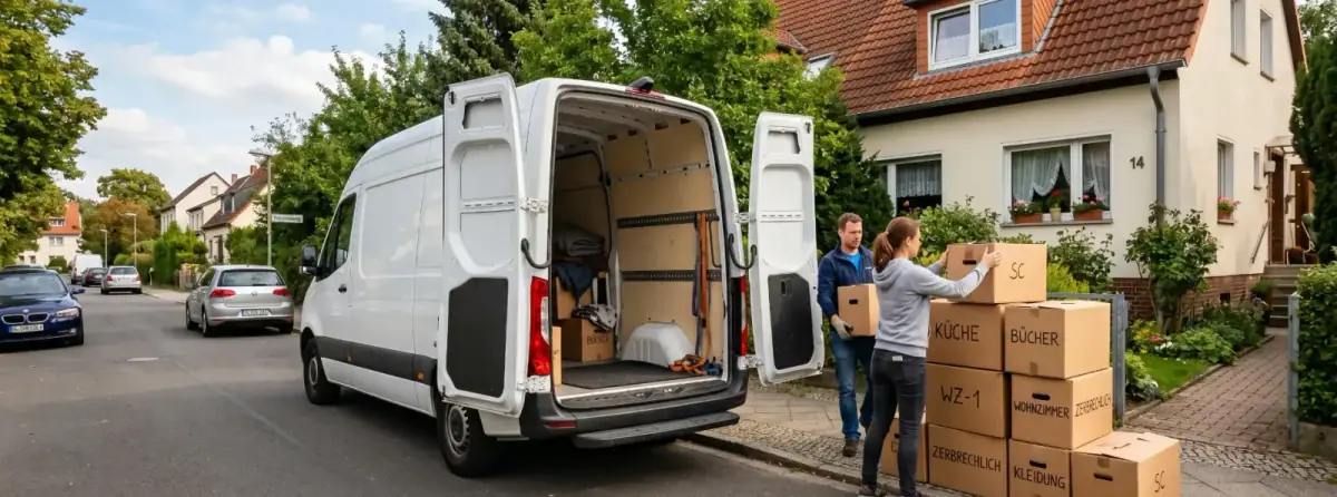 Geöffneter weißer Sprinter mit Decken und Gurten, bereit für den Umzug