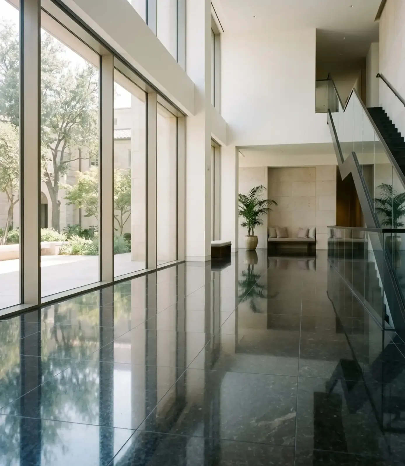 Eindrucksvolles Foyer mit poliertem Steinboden, weiches Tageslicht und ruhige Spiegelung.