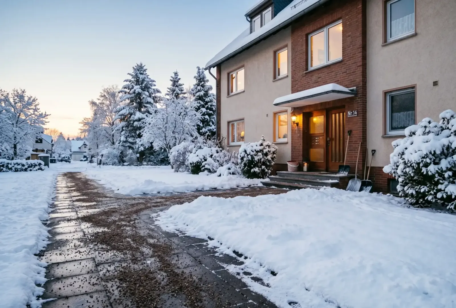 Frisch geräumte Hauszufahrt mit gestreutem Material zwischen Schneeflächen, Sonnenuntergang im Hintergrund.