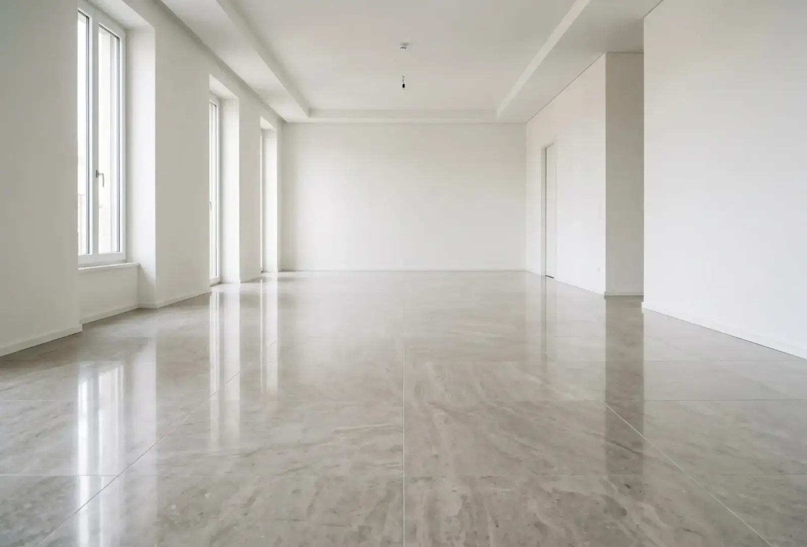 Großer polierter Steinboden in einem hellen Raum mit weicher Spiegelung der Fenster.