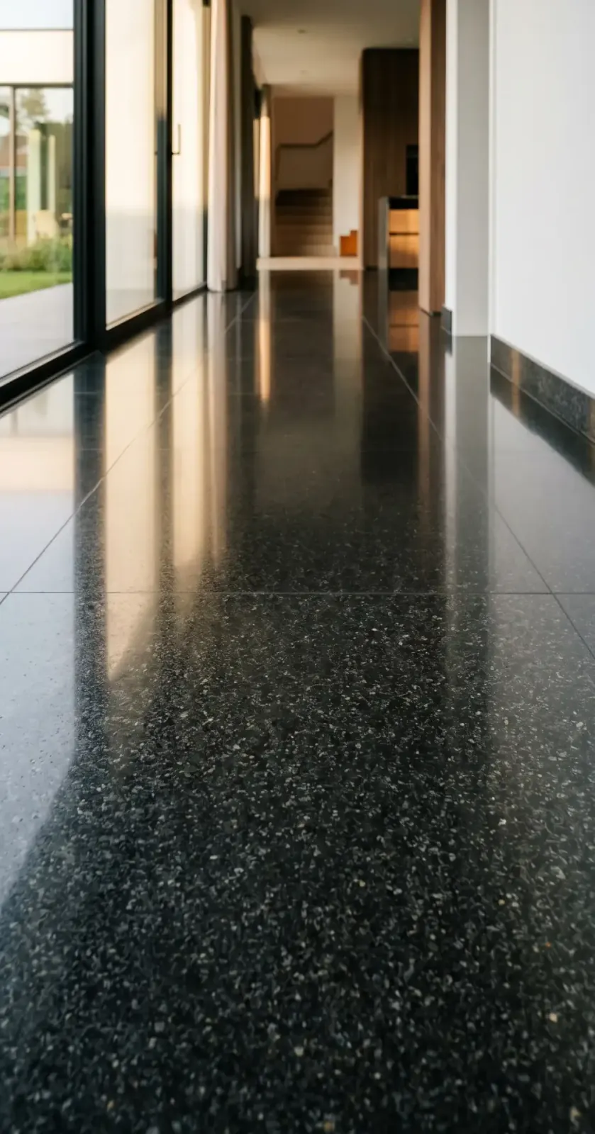Dunkler polierter Granitboden mit feiner Sprenkelung und weichem Glanz.