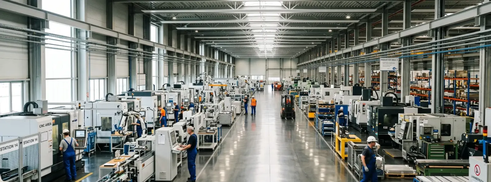 Weite, helle Industriehalle mit glänzendem Boden und Maschinenreihen, Industriereinigung Hennef