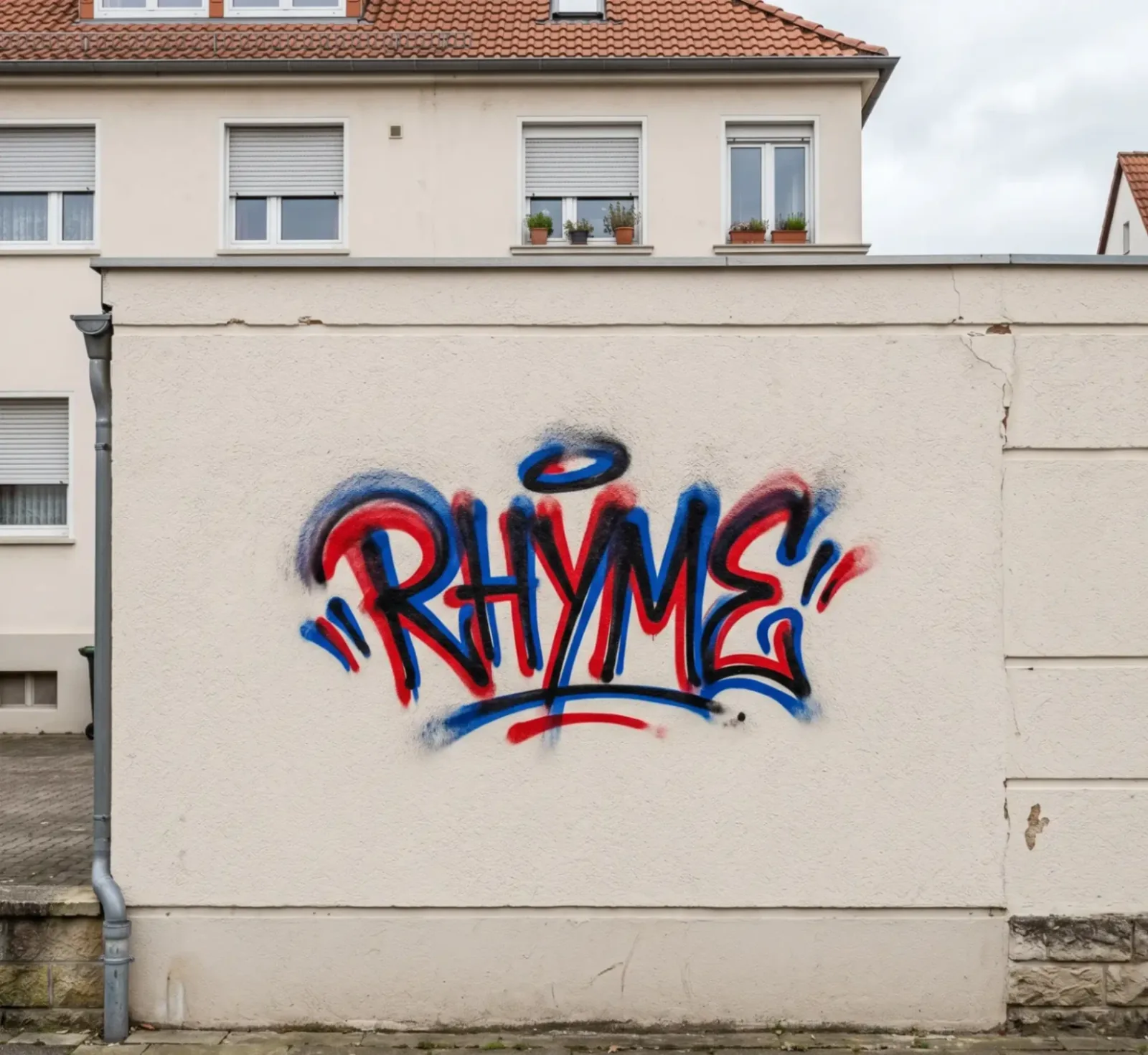 Hauswand mit Graffiti-Schmiererei vor der Reinigung