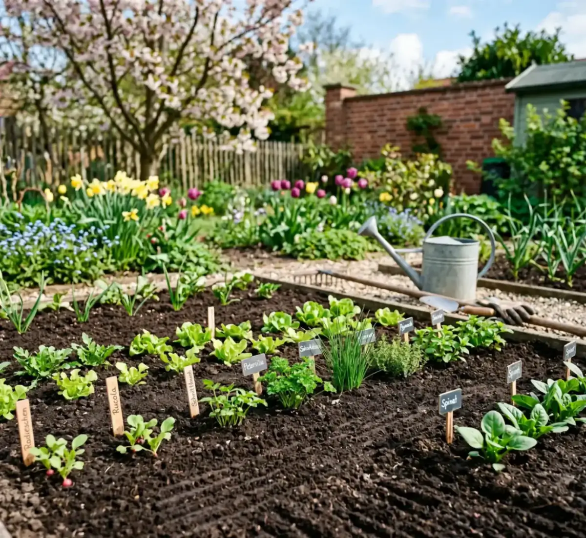 Frisch bepflanzte Beete mit Pflanzschildern im Frühjahr.
