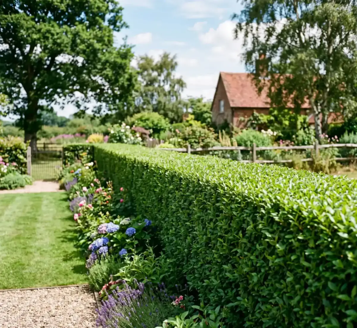 Frisch geschnittene Hecke mit gerader Oberkante.
