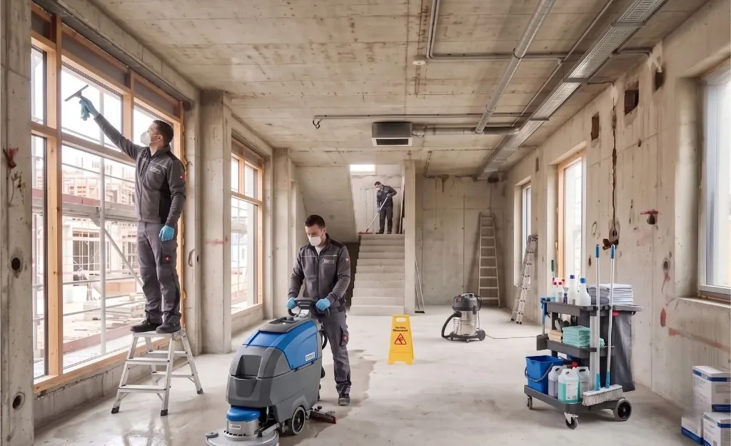Reinigungsteam von My Clean Center mit Scheuersaugmaschine, Industriesauger und Putzwagen bei der Feinreinigung in Köln.