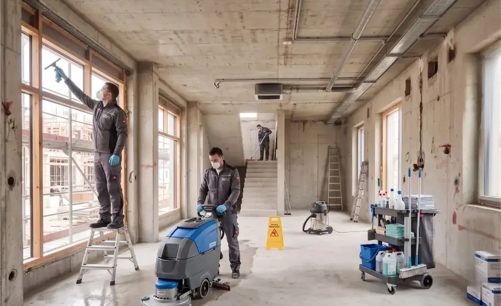 Reinigungsteam von My Clean Center mit Scheuersaugmaschine, Industriesauger und Putzwagen bei der Feinreinigung eines fast fertigen Innenraums.