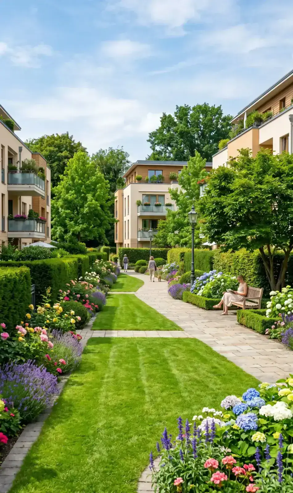 Gepflegte Wohnanlage im Sommer mit frisch gemähtem Rasen, blühenden Beeten und sauberen Wegen.