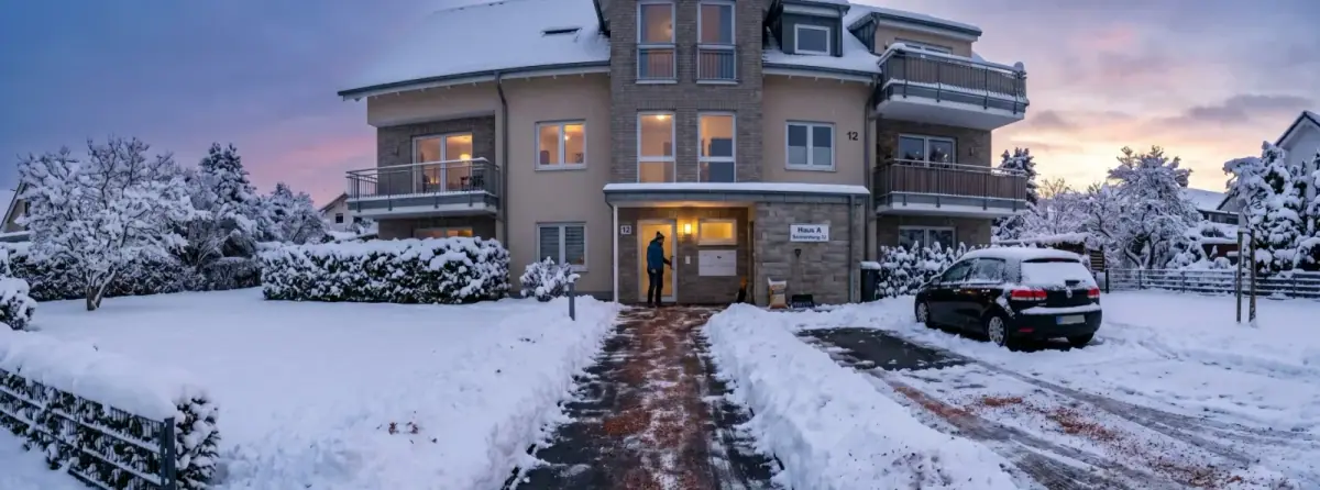 Verschneite Einfahrt vor einem Mehrfamilienhaus in der Abenddämmerung, frisch geräumter Weg mit gestreutem Splitt.
