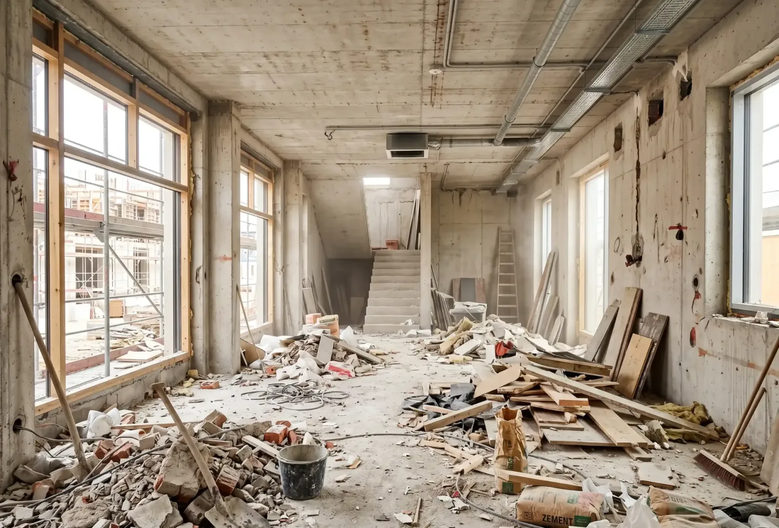 Heller Rohbau-Innenraum mit Bauschutt und Staub vor der Reinigung.