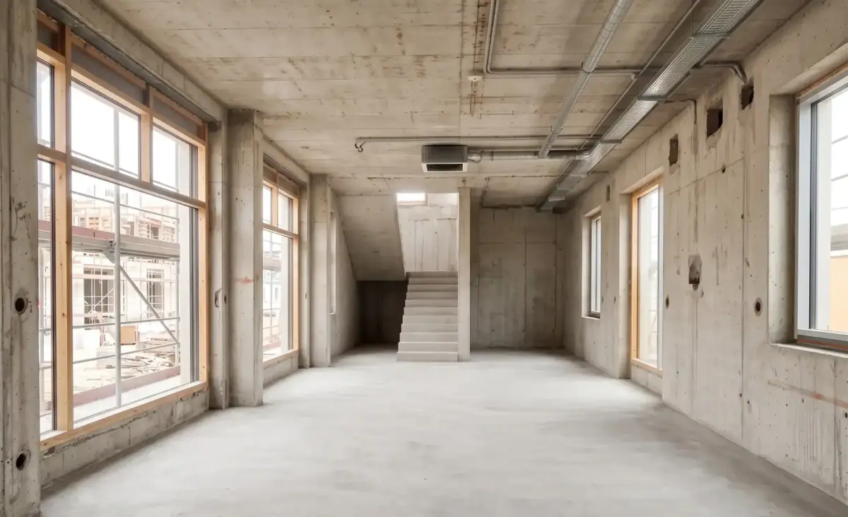 Heller, leerer Innenraum mit großen Fenstern, sauberem Estrich und freier Treppe, übergabereif für die Schlüsselübergabe.