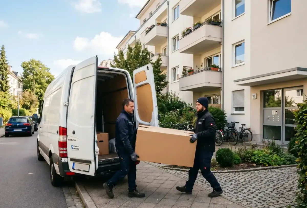 Zwei Helfer von My Clean Center tragen einen großen Karton aus einem weißen Sprinter vor einem Wohnhaus