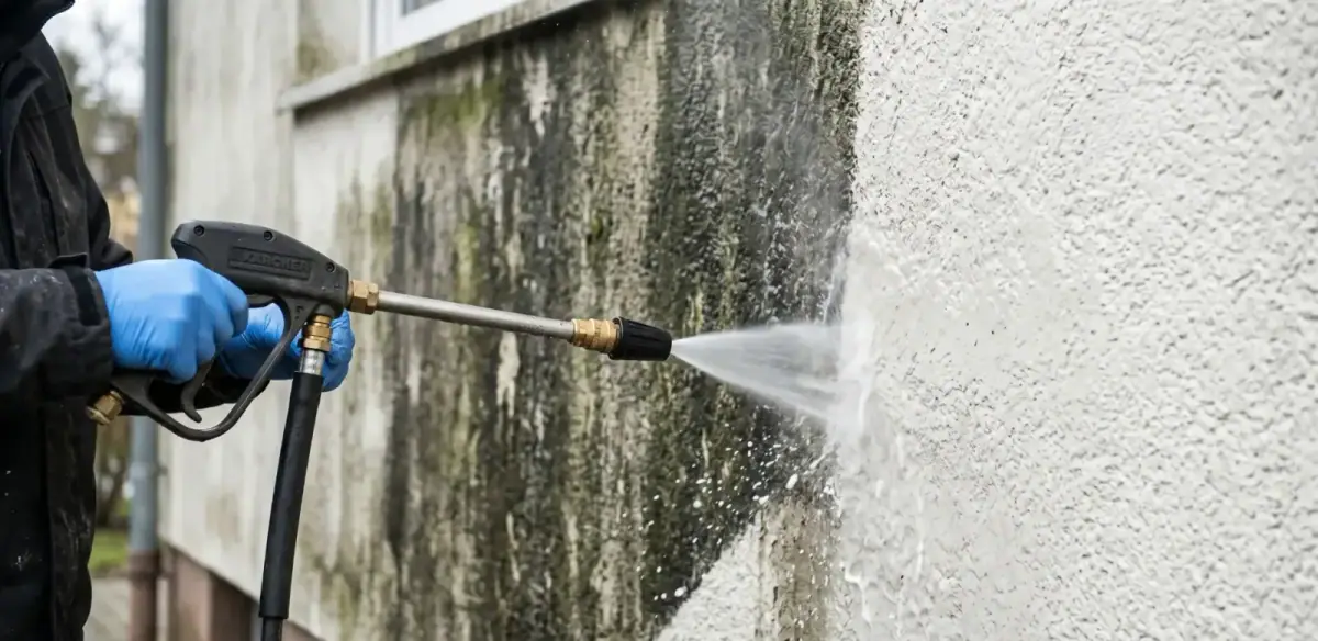 Profi-Hochdruckdüse aus Edelstahl im Einsatz an einer verschmutzten Fassade, Fassadenreinigung Köln & Bonn