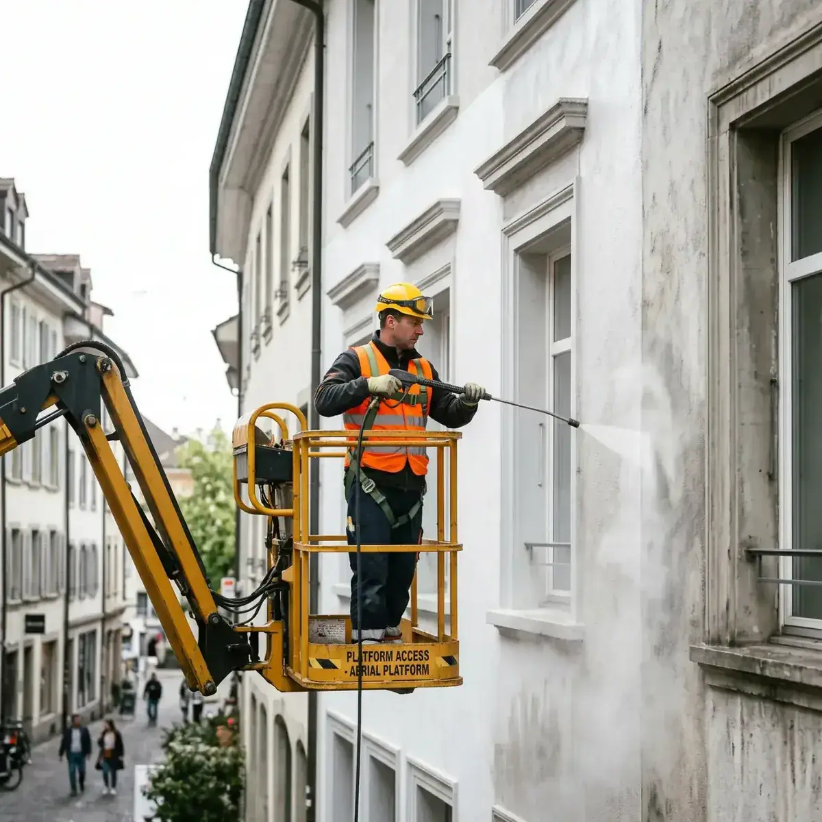 Reiniger im gelben Hubsteiger-Korb arbeitet an einer mehrstöckigen Bürofassade, Fassadenreinigung in der Höhe