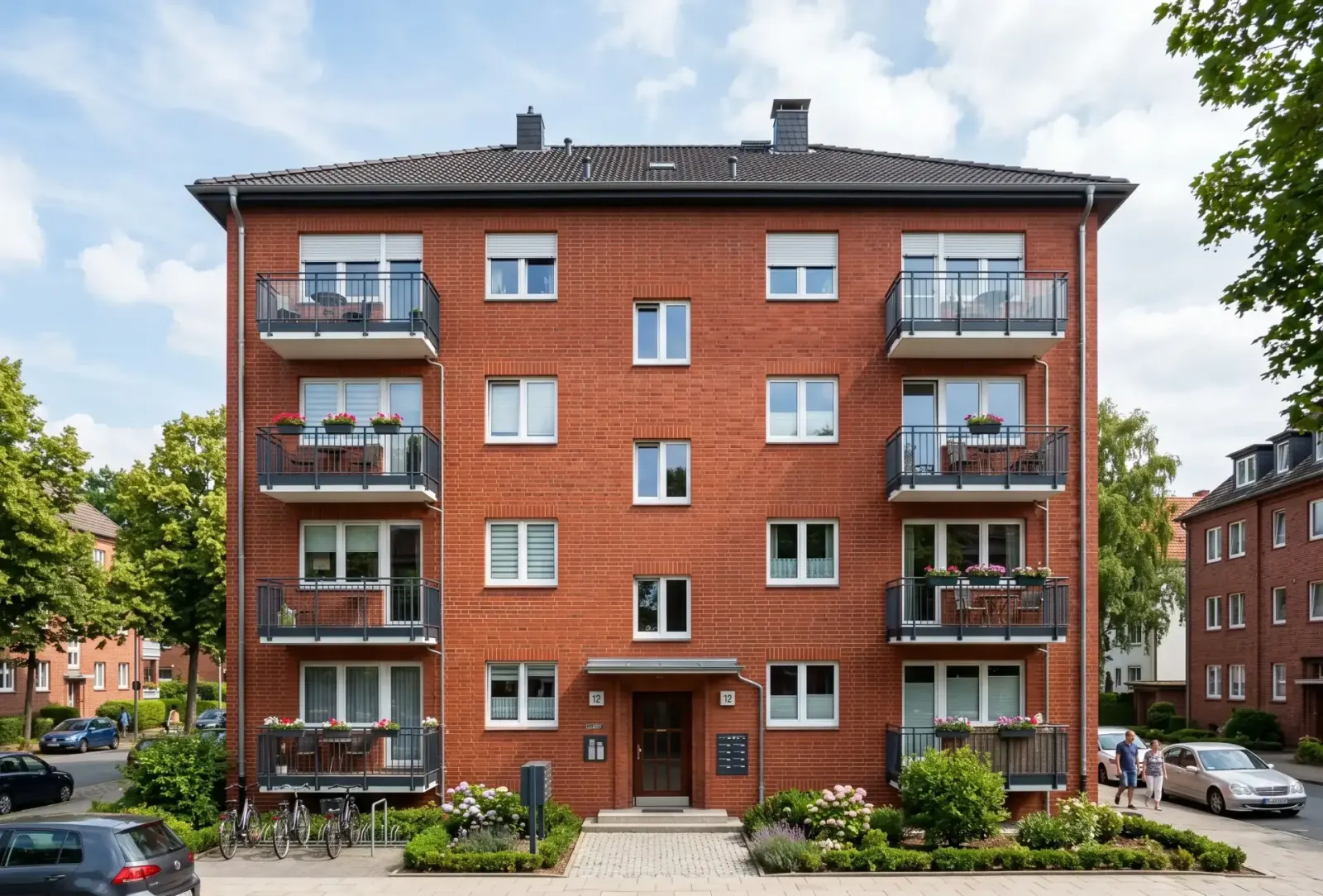 Saubere rote Klinkerfassade eines Mehrfamilienhauses, Fugen frei von Algen, frisch gereinigt mit deutlich sichtbarem Vorher-/Nachher-Effekt.