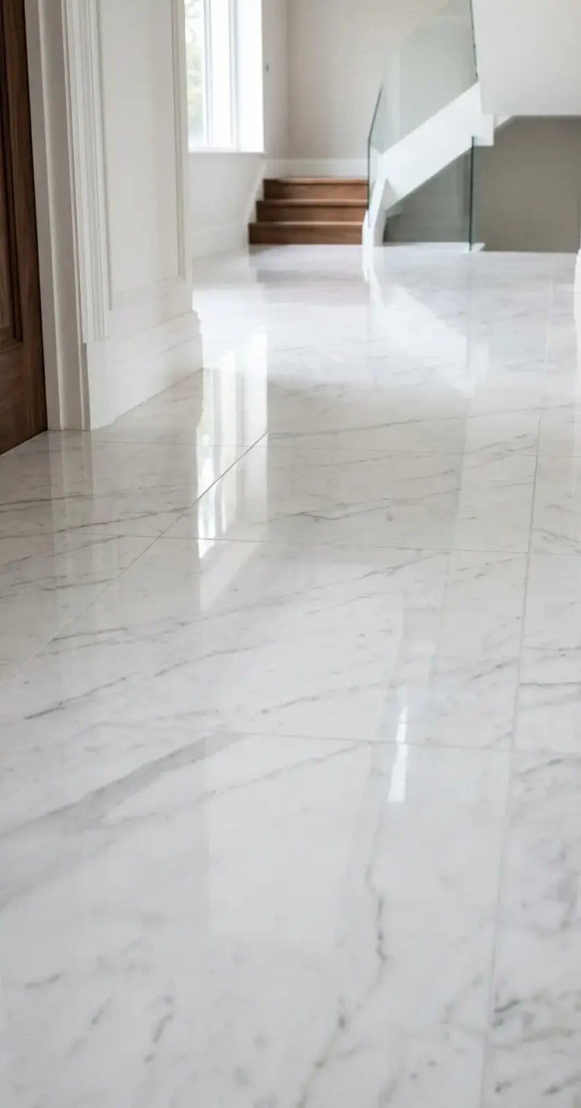 Polierter heller Marmorboden mit Spiegelglanz und feiner Äderung.